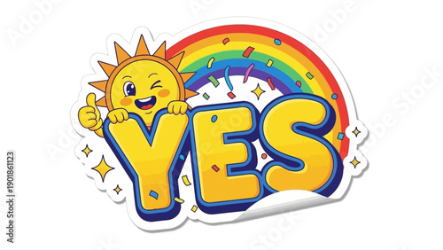 Happy Sun Character Winking, Giving Thumbs Up, Word YES and Rainbow