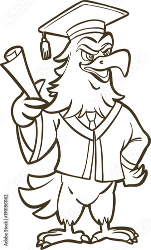 Graduation Eagle Mascot Holding Diploma Cartoon Clipart line