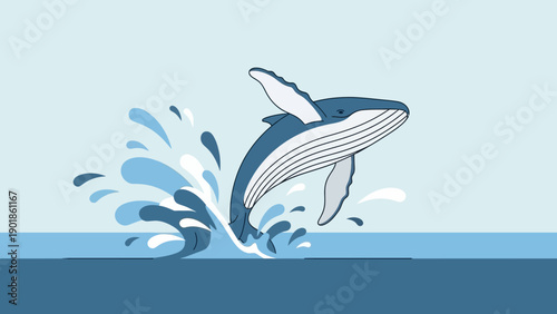 Humpback whale breaching in ocean waves, dynamic water splash, marine life illustration