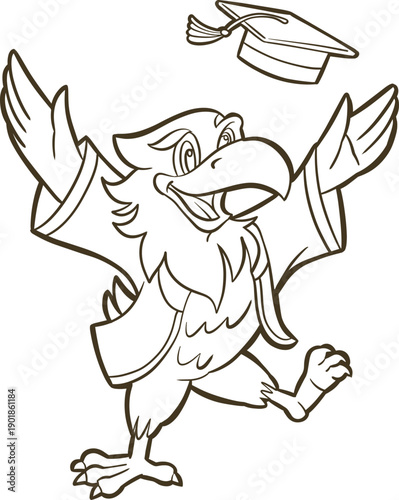 Happy Graduation Eagle Mascot Throwing Cap Cartoon Clipart outline 