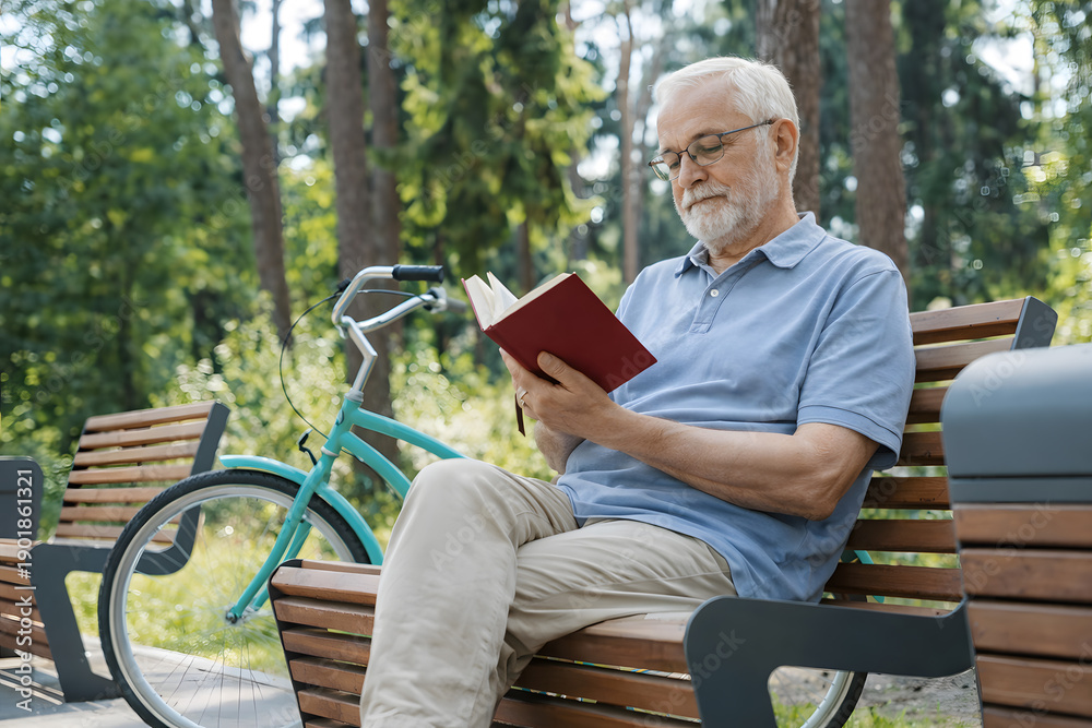 Fototapeta premium Indian older man reading newspaper beside his parked bike in peaceful outdoor setting, enjoying morning serenity, personal moment, leisure time, senior citizen enjoying nature and quiet reading