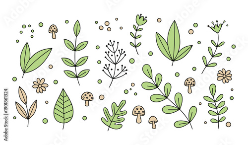 Hand Drawn Green Plants And Mushrooms Scattered On White Background With Dots leaves greenery