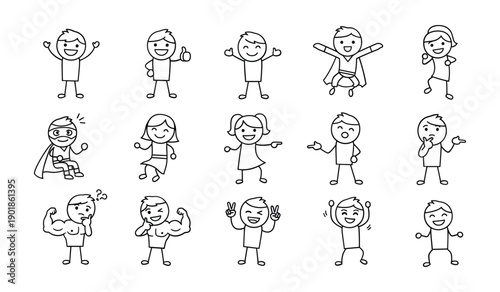 Black And White Line Drawings Of Children Showing Various Emotions And Gestures In Casual Poses