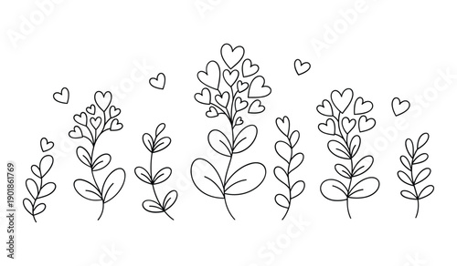 Simple Line Of Heart Shaped Leaf Sprigs With Varied Stem Lengths lineart hearts leaves stems