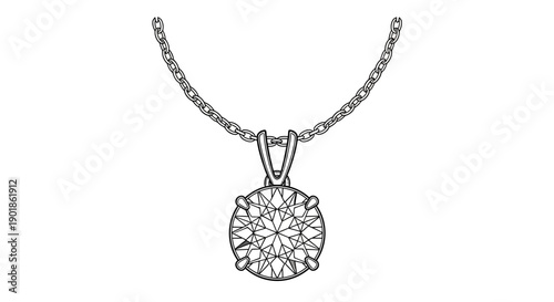 Round Brilliant Cut Diamond Pendant Outline on Chain, isolated white background.