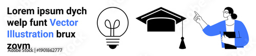 Education, learning, professional growth, innovation, ideas, career development. A graduation cap, lightbulb and educator holding documents. Education and learning through graduation and a lightbulb