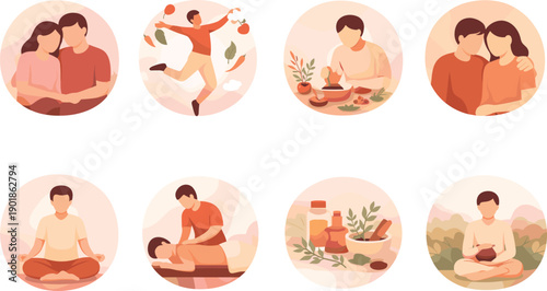 Ayurveda wellness lifestyle icons collection holistic health meditation massage herbal therapy vector set
