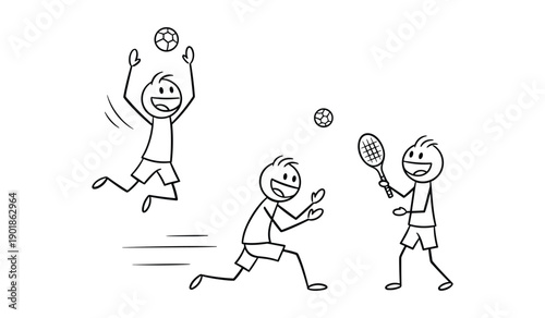 Three Cartoon Boys Playing Different Sports Soccer Tennis and Running Joyfully