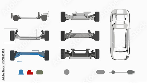 Modern car chassis flat vector technical illustration isolated on white