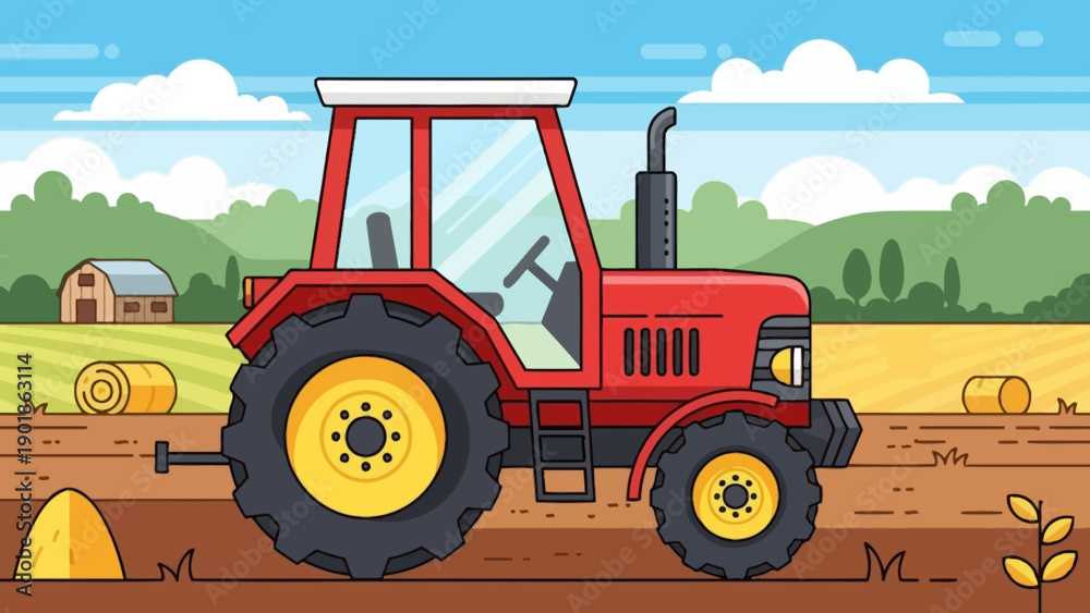 Obraz premium Red Tractor in a Rural Field with Hay Bales and Farmhouse