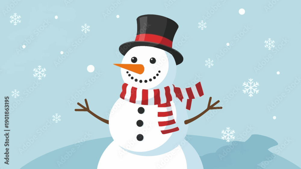 Fototapeta premium Smiling Snowman with Top Hat and Scarf, Winter Snowfall Illustration