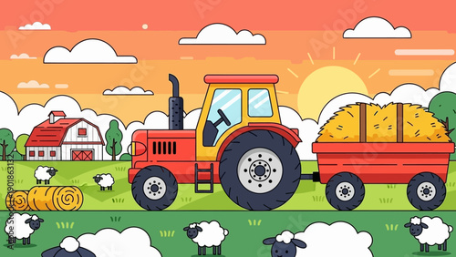Red tractor with hay trailer, farm fields, sheep and barn at sunset, cartoon style.