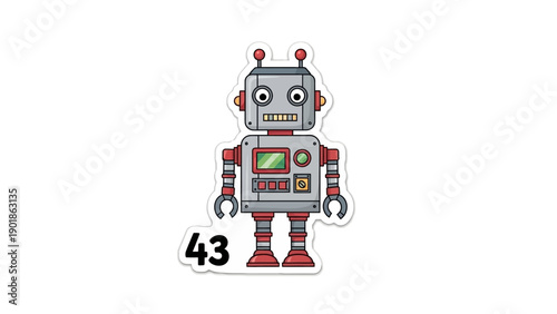 Retro robot cartoon sticker, vintage toy, futuristic android character