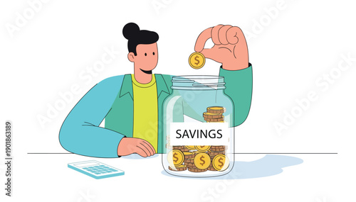 Person saving money by putting coins into a jar labeled savings on a table with a laptop nearby always