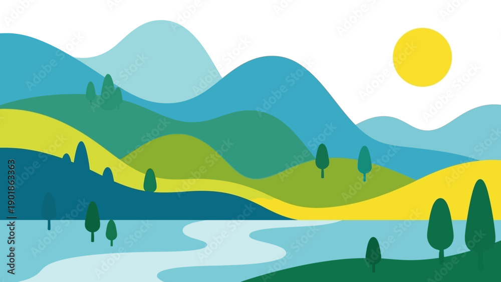 Fototapeta premium Vibrant Abstract Landscape with Rolling Hills, River, and Sun