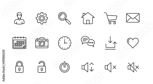 Collection of various line icons for web and mobile applications including settings communication and navigation symbols
