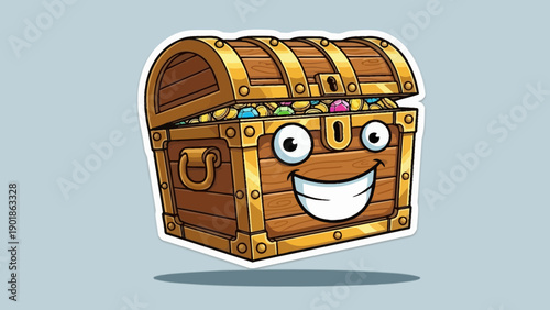 Treasure Chest Cartoon Character with Gold Coins and Jewels