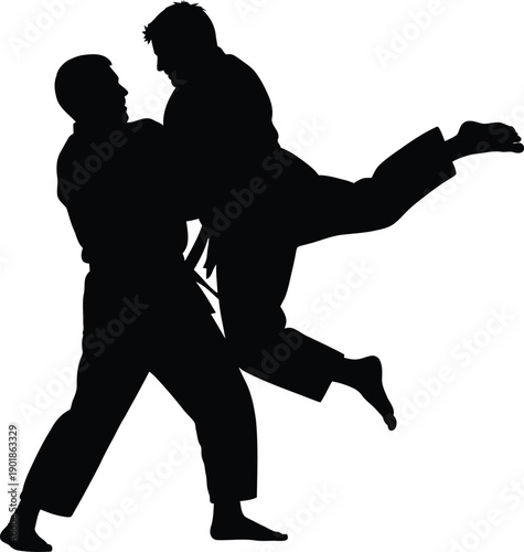 Silhouettes of two judo or jiu-jitsu fighters grappling and throwing, intense martial arts competition in black and white