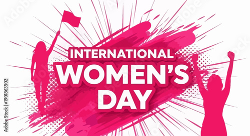 International Women's Day graphic with silhouettes of women celebrating and holding a flag, set against a vibrant pink abstract background.