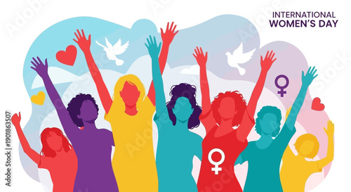 Diverse group of women with raised hands celebrating International Women's Day with symbols of peace and love.