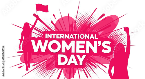 Illustration for International Women's Day with silhouettes of women holding flags and raising fists, symbolizing empowerment and celebration.