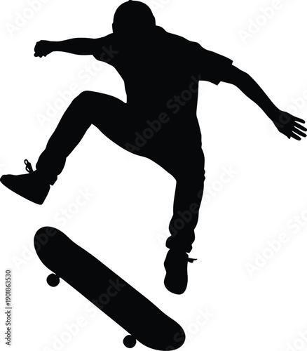 Silhouette of a skateboarder performing a trick in mid-air, isolated on white. Action shot of extreme sports.