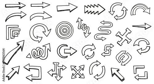 A diverse collection of hand-drawn arrow icons in various styles and directions, presented in a black and white sketch format.
