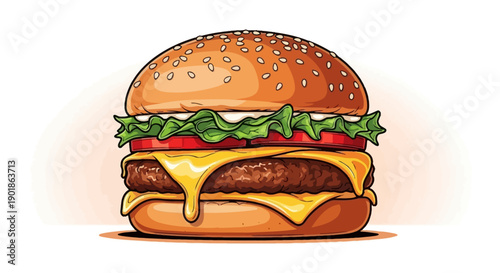 A delicious double cheeseburger with melted cheese, fresh lettuce, and ripe tomatoes on a sesame seed bun.