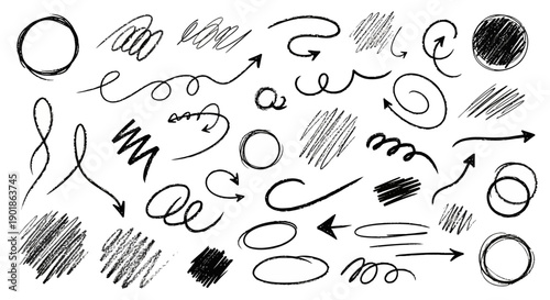 A collection of hand-drawn scribbles, circles, and arrows in black ink on a white background.
