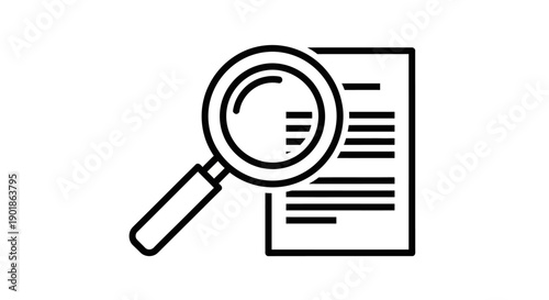 A black and white line drawing of a magnifying glass hovering over a document.