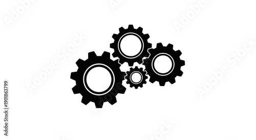 A black and white illustration of four interlocking gears of varying sizes, symbolizing mechanical connection and teamwork.