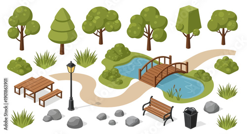 Isometric park elements including trees, benches, a bridge over a pond, picnic tables, and a lamppost.