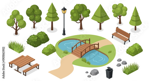 Isometric illustration of park elements including trees, benches, a pond with a bridge, picnic table, lamp post, and trash can.