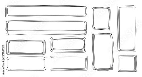 A collection of hand-drawn rectangular and square frames with a sketchy, irregular outline, presented in a clean, minimalist style.