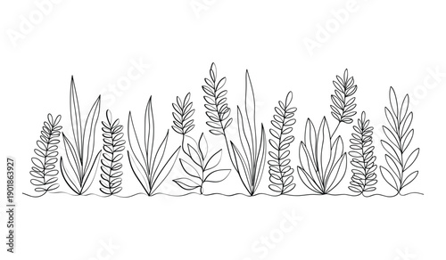Line Row Identical Stylized Leafy Green Plants on White Background leaves greenery lineart minimalist