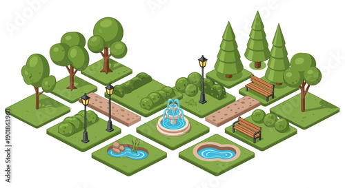 Isometric park elements including trees, benches, lampposts, fountains, ponds, and hedges on grassy squares.