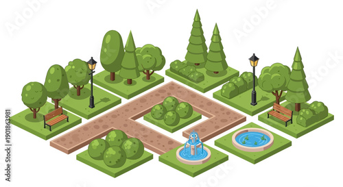 Isometric illustration of a park with trees, benches, a fountain, and pathways.