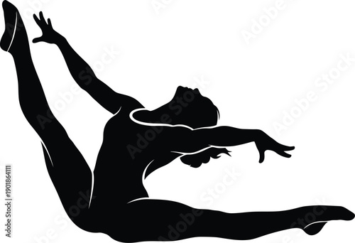 Elegant silhouette of a female gymnast mid-leap, performing a split leap, isolated on white. Graceful athletic art.