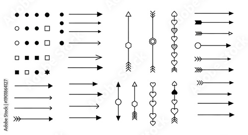 Collection of various arrow designs and decorative elements, including dots, squares, hearts, and circles, presented in a grid layout.