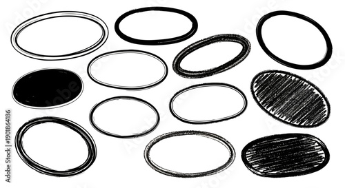 A collection of hand-drawn oval shapes with varying fill styles, including solid black, scribbled, and outlined.