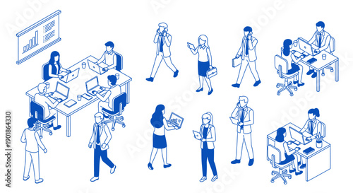 Isometric illustration of a modern office environment with people working at desks and in meetings.