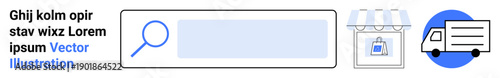 E-commerce, online shopping, delivery services, business logistics, package management, digital search. Search bar, storefront and truck icon. Online shopping and delivery services concept