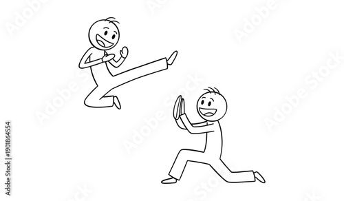 Two Smiling Stick Figures Playing Tug Of War With Long Rope Line Drawing