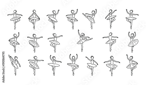Black And White Line Drawing Series of Ballet Dancers in Various Graceful Poses