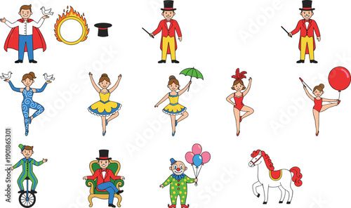 Circus performers cartoon set magician ballerina clown acrobat ringmaster unicorn and fire hoop isolated vector illustration