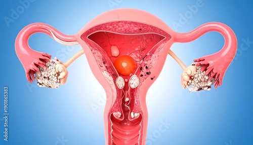 Anatomical illustration of the female reproductive system with uterine fibroids and ovarian cysts.