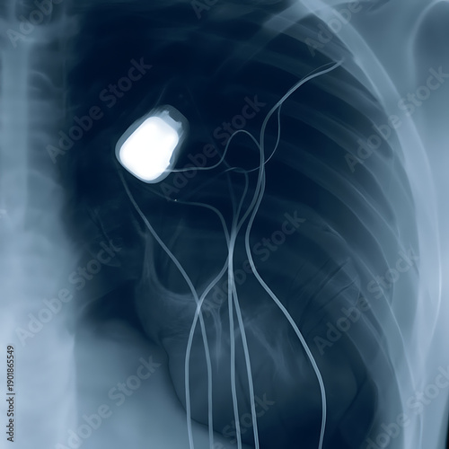Xray image of human chest with medical device and wires inserted  internal view transparent background