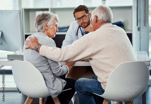 Cuadro en lienzo Comfort, senior couple and consultation with doctor for bad news, medical results and empathy