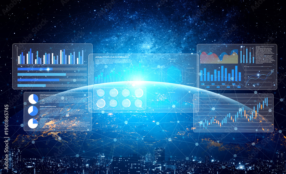 Fototapeta premium Captivating depiction of futuristic data visualization with graphs on a cosmic background. This image illustrates the interplay between technology and analysis. Gantry