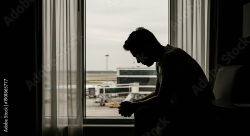 Silhouette of a contemplative man sitting by an airport window with terminal view in the background